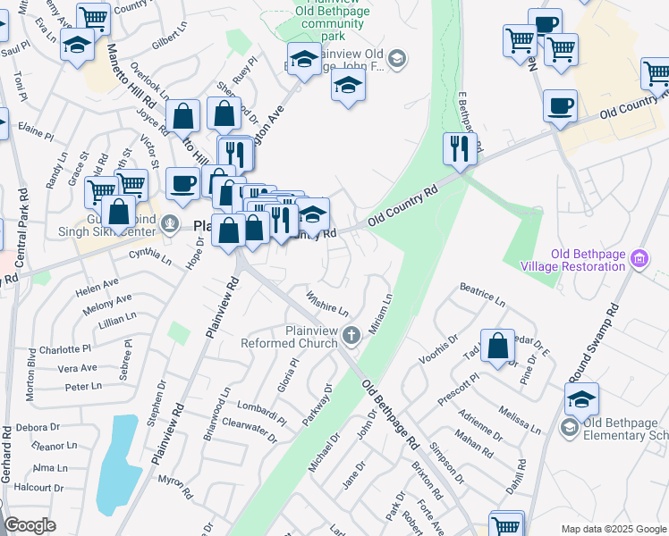 map of restaurants, bars, coffee shops, grocery stores, and more near 113 Palo Alto Drive in Plainview