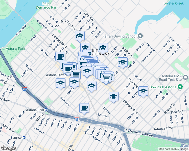map of restaurants, bars, coffee shops, grocery stores, and more near 33-12 Ditmars Boulevard in Queens