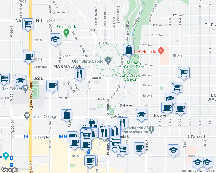 map of restaurants, bars, coffee shops, grocery stores, and more near 254 North State Street in Salt Lake City