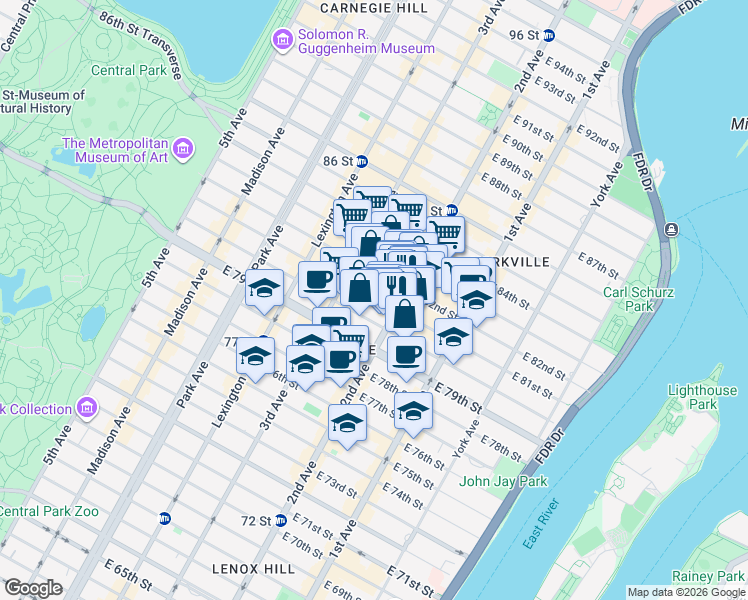 map of restaurants, bars, coffee shops, grocery stores, and more near 228 E 81st St in New York