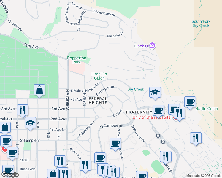 map of restaurants, bars, coffee shops, grocery stores, and more near 1500 East Arlington Drive in Salt Lake City