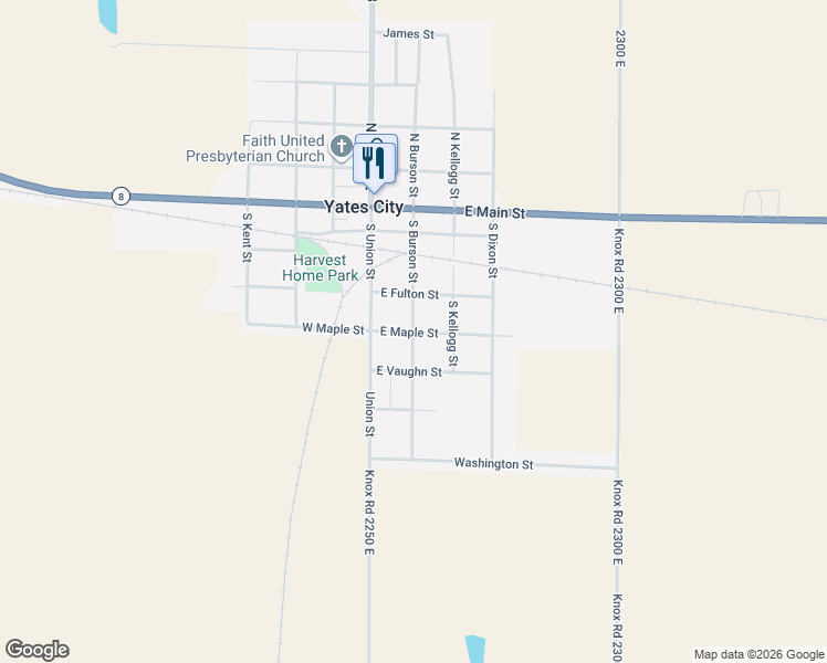 map of restaurants, bars, coffee shops, grocery stores, and more near 201 East Maple Street in Yates City