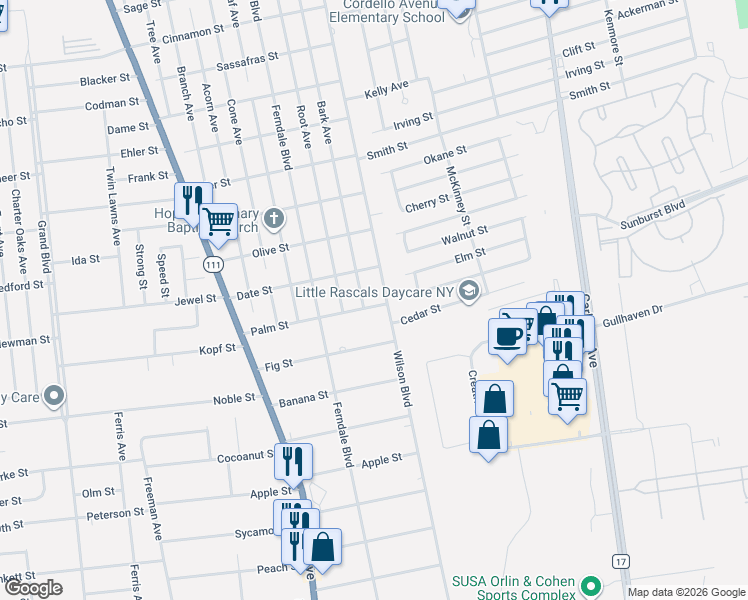 map of restaurants, bars, coffee shops, grocery stores, and more near 796 Wilson Boulevard in Central Islip