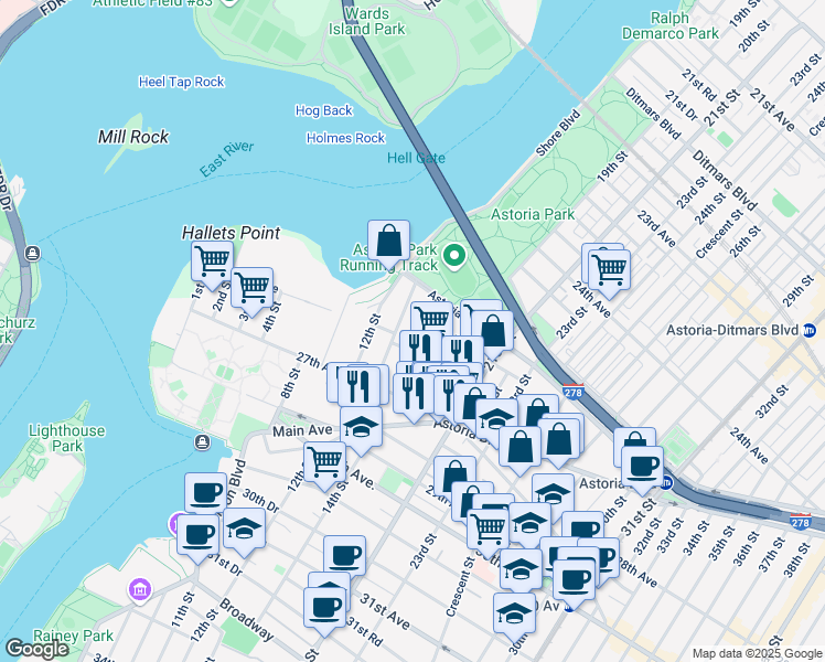 map of restaurants, bars, coffee shops, grocery stores, and more near 25-54 14th Place in Queens