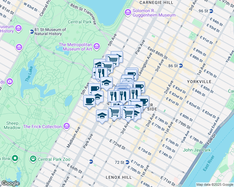 map of restaurants, bars, coffee shops, grocery stores, and more near 108 East 78th Street in New York
