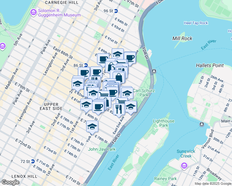 map of restaurants, bars, coffee shops, grocery stores, and more near 500 East 85th Street in New York