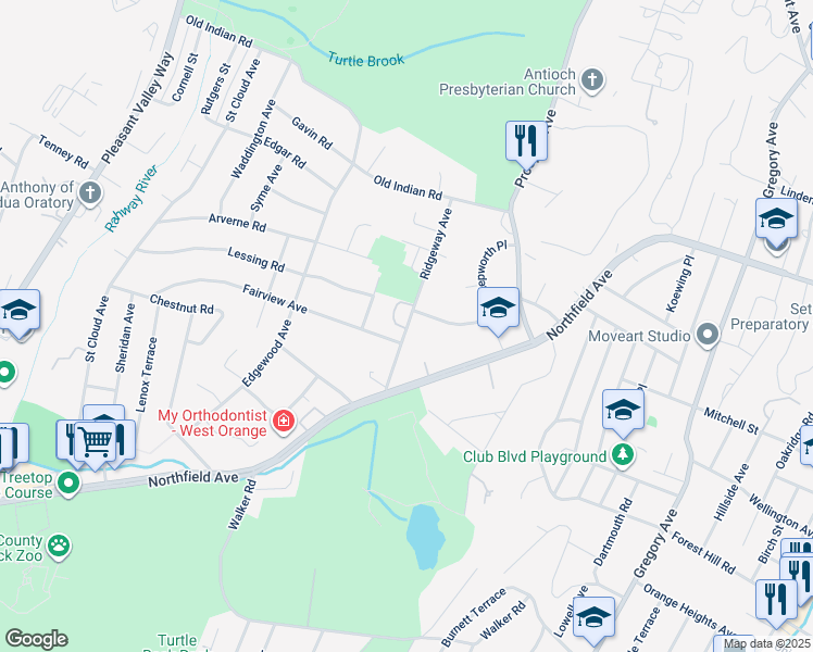 map of restaurants, bars, coffee shops, grocery stores, and more near 6 Fairview Avenue in West Orange