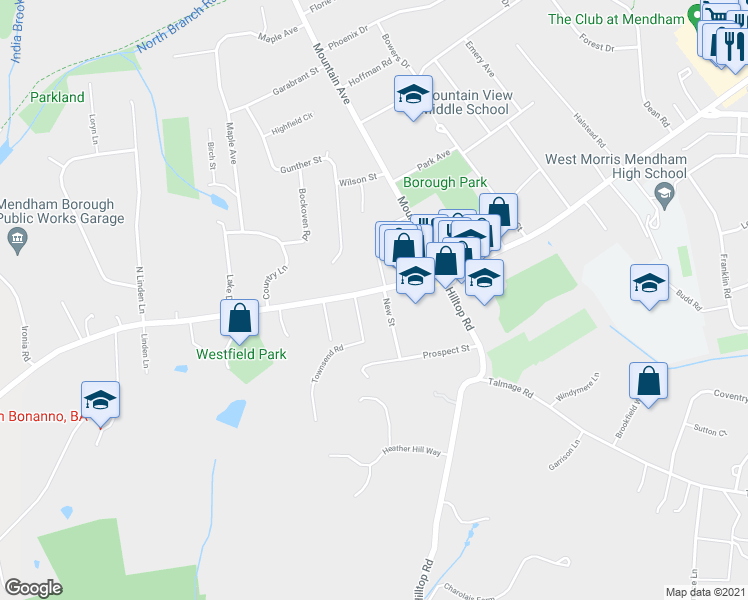 map of restaurants, bars, coffee shops, grocery stores, and more near 1 New Street in Mendham Borough