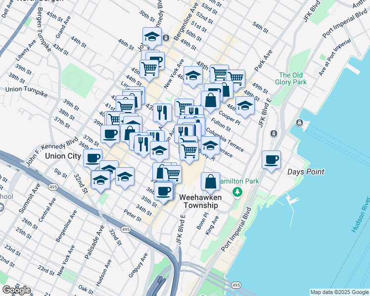 map of restaurants, bars, coffee shops, grocery stores, and more near 4098 Park Avenue in Weehawken