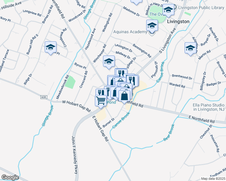 map of restaurants, bars, coffee shops, grocery stores, and more near 9 West Northfield Road in Livingston