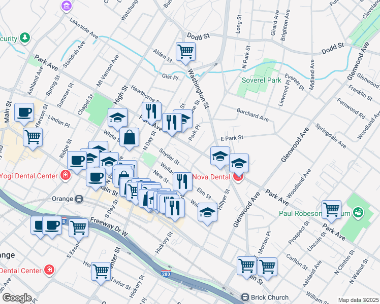 map of restaurants, bars, coffee shops, grocery stores, and more near 159 Park Street in East Orange