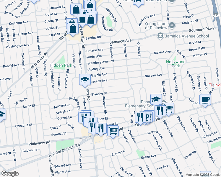 map of restaurants, bars, coffee shops, grocery stores, and more near 33 Blanche Street in Plainview