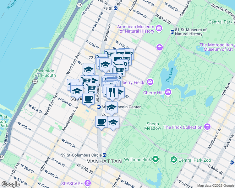 map of restaurants, bars, coffee shops, grocery stores, and more near 64 West 69th Street in New York