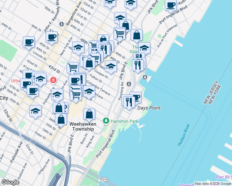 map of restaurants, bars, coffee shops, grocery stores, and more near 883 Boulevard East in Weehawken
