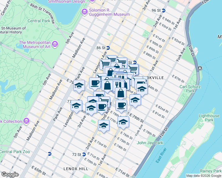 map of restaurants, bars, coffee shops, grocery stores, and more near in New York