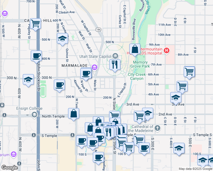 map of restaurants, bars, coffee shops, grocery stores, and more near 42 Hillside Avenue in Salt Lake City
