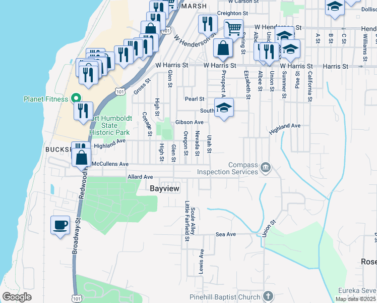map of restaurants, bars, coffee shops, grocery stores, and more near 3571 Oregon Street in Eureka
