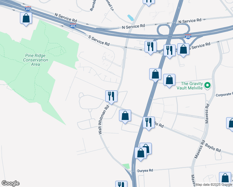 map of restaurants, bars, coffee shops, grocery stores, and more near 2 Pineridge Street in Melville