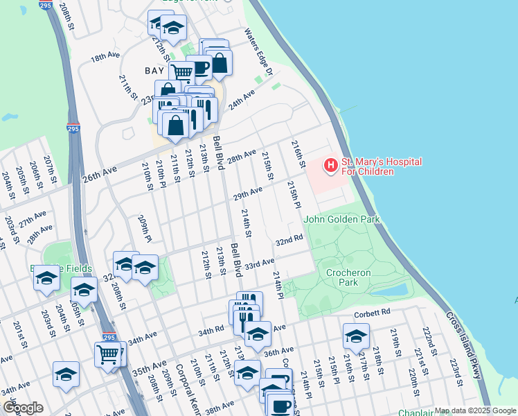 map of restaurants, bars, coffee shops, grocery stores, and more near 29-50 214th Place in Queens