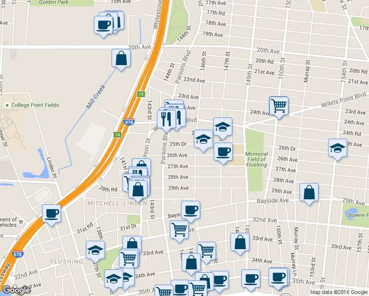 map of restaurants, bars, coffee shops, grocery stores, and more near 144-54 26th Avenue in Queens