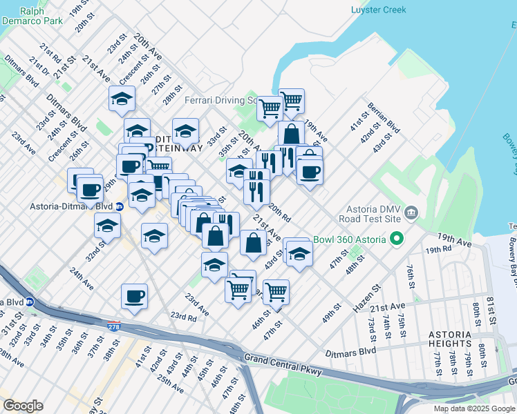 map of restaurants, bars, coffee shops, grocery stores, and more near 20-79 Steinway Street in Queens