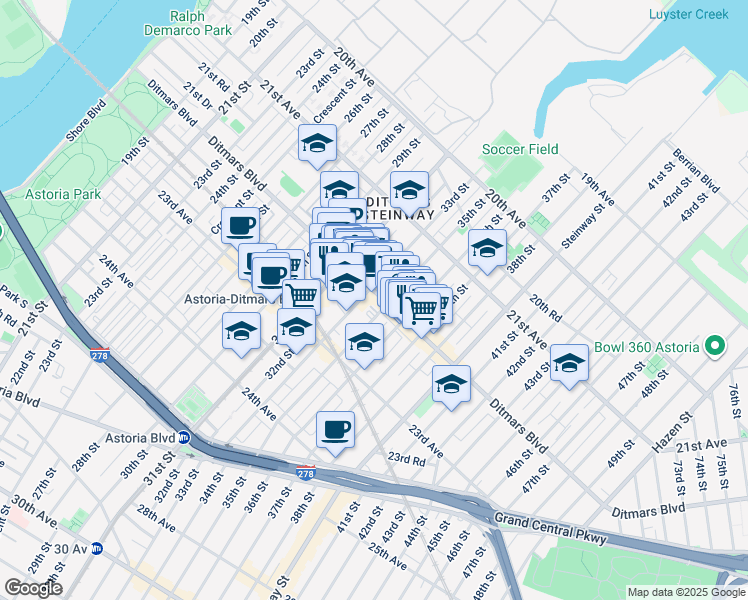 map of restaurants, bars, coffee shops, grocery stores, and more near 33-12 Ditmars Boulevard in Queens