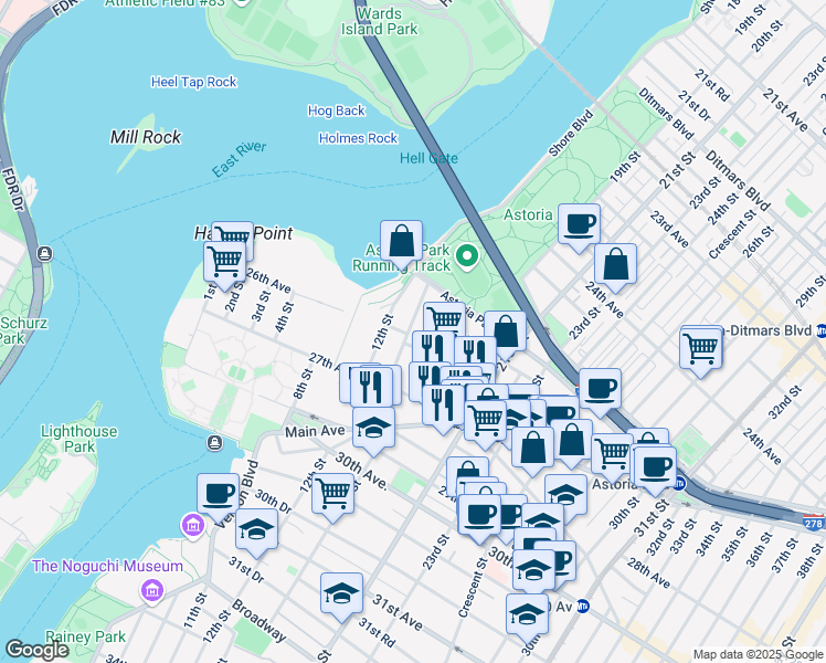 map of restaurants, bars, coffee shops, grocery stores, and more near 25-54 14th Place in Queens