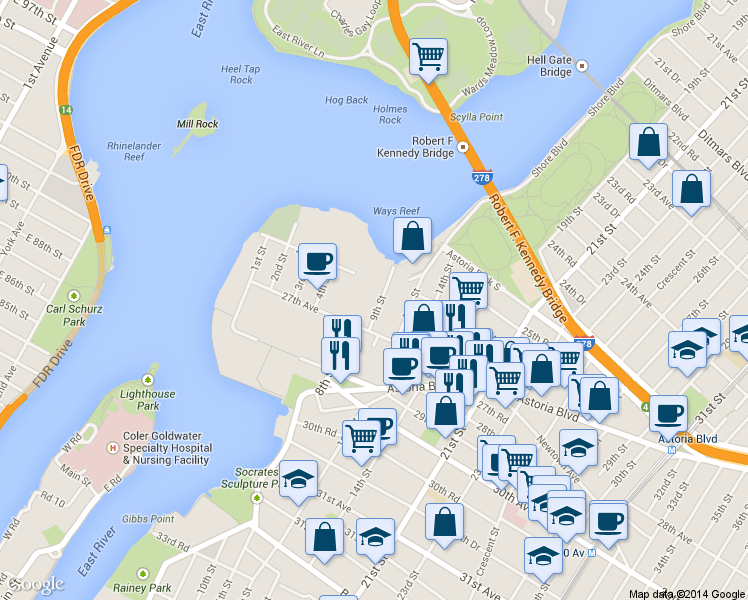 map of restaurants, bars, coffee shops, grocery stores, and more near 26-45 9th Street in Queens