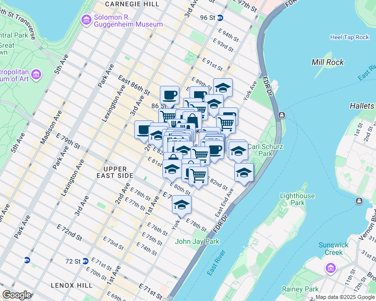 map of restaurants, bars, coffee shops, grocery stores, and more near 408 East 82nd Street in New York