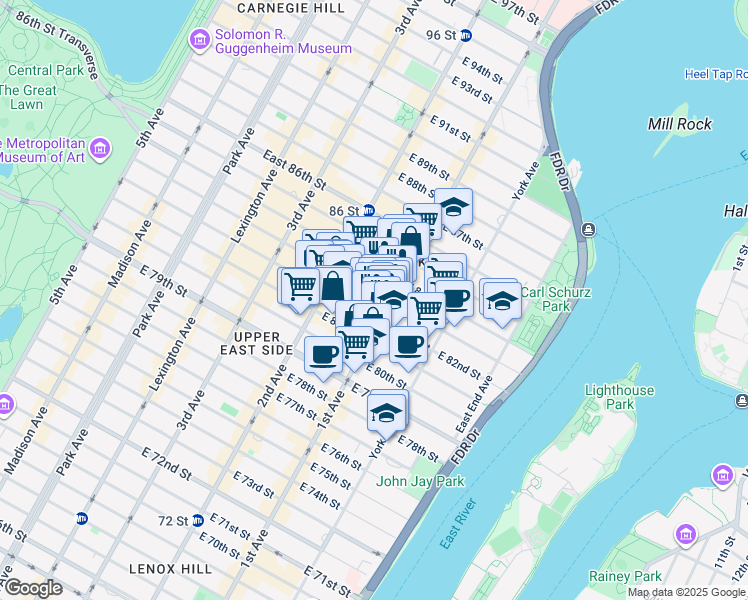 map of restaurants, bars, coffee shops, grocery stores, and more near 1569 1st Avenue in New York