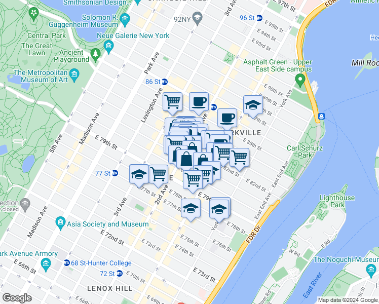 map of restaurants, bars, coffee shops, grocery stores, and more near 313 East 81st Street in New York