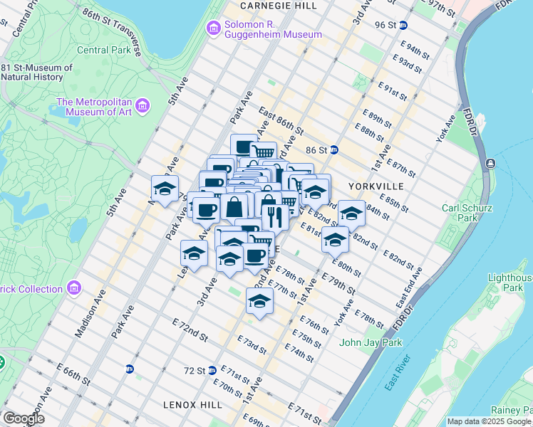 map of restaurants, bars, coffee shops, grocery stores, and more near 222 East 80th Street in New York