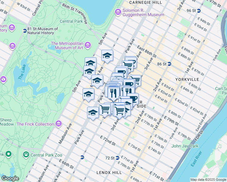 map of restaurants, bars, coffee shops, grocery stores, and more near 1129 Lexington Avenue in New York