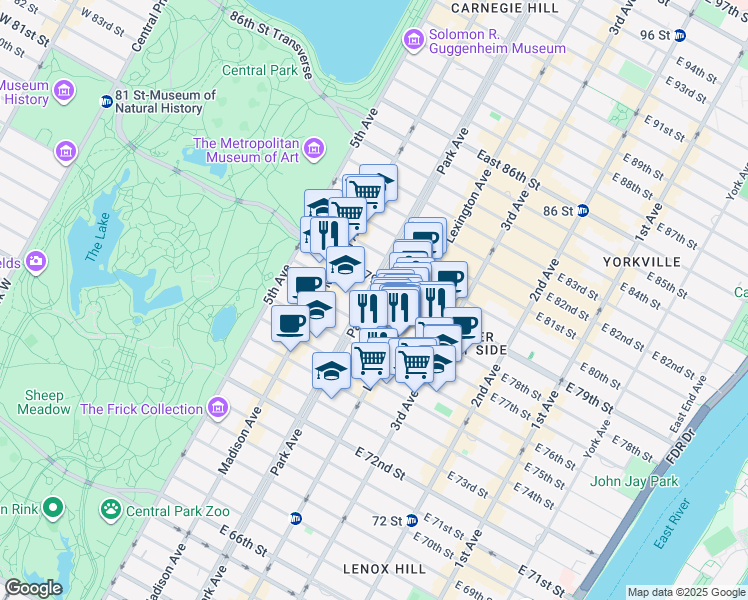 map of restaurants, bars, coffee shops, grocery stores, and more near 108 East 78th Street in New York