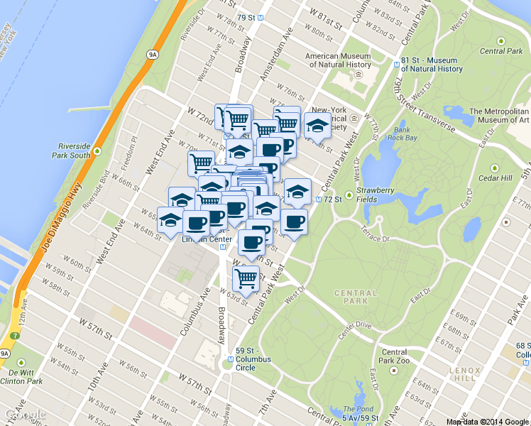 map of restaurants, bars, coffee shops, grocery stores, and more near 67 West 68th Street in New York