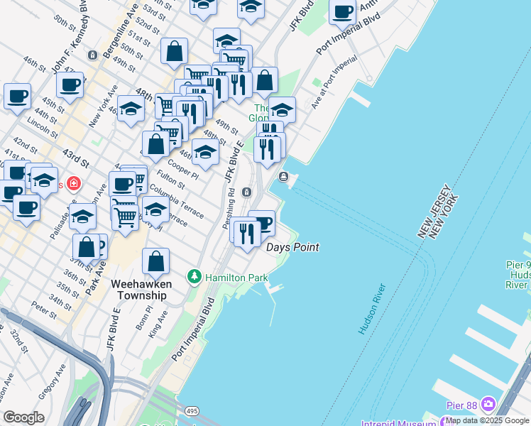 map of restaurants, bars, coffee shops, grocery stores, and more near 900 Avenue at Port Imperial in Weehawken