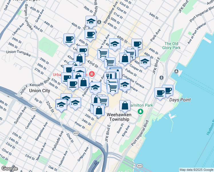 map of restaurants, bars, coffee shops, grocery stores, and more near 4098 Park Avenue in Weehawken