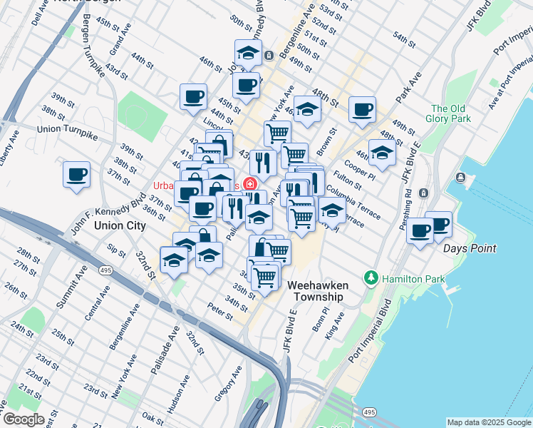 map of restaurants, bars, coffee shops, grocery stores, and more near 125 40th Street in Union City