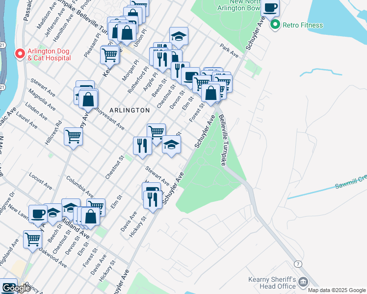 map of restaurants, bars, coffee shops, grocery stores, and more near 33 Shepherd Place in Kearny