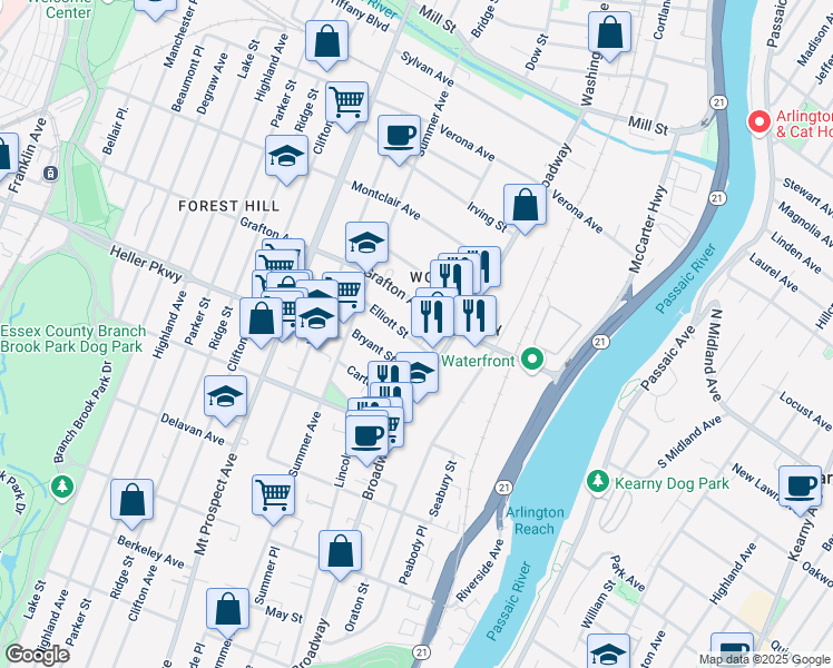 map of restaurants, bars, coffee shops, grocery stores, and more near 25-29 Bryant Street in Newark