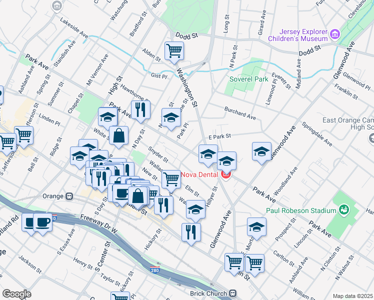 map of restaurants, bars, coffee shops, grocery stores, and more near 159 Park Street in East Orange