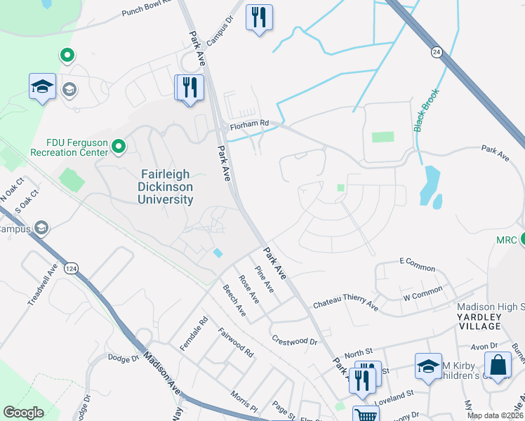 map of restaurants, bars, coffee shops, grocery stores, and more near 57 Cunningham Drive in Florham Park