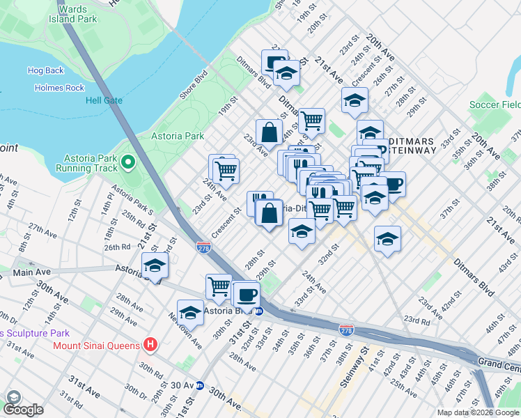 map of restaurants, bars, coffee shops, grocery stores, and more near 23-71 27th Street in Queens