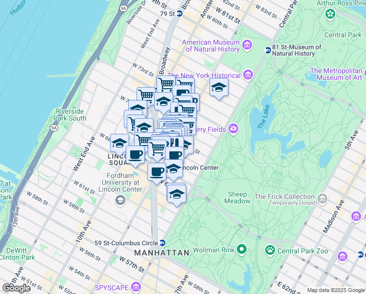 map of restaurants, bars, coffee shops, grocery stores, and more near 62 West 69th Street in New York