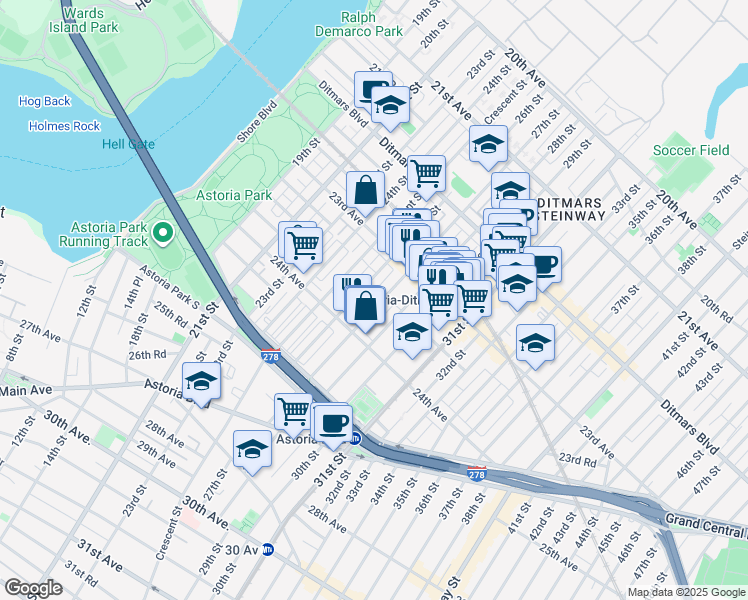 map of restaurants, bars, coffee shops, grocery stores, and more near 23-56 27th Street in Queens