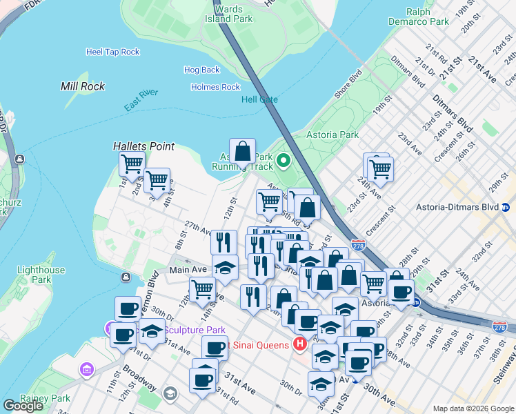 map of restaurants, bars, coffee shops, grocery stores, and more near 25-40 14th Place in Queens