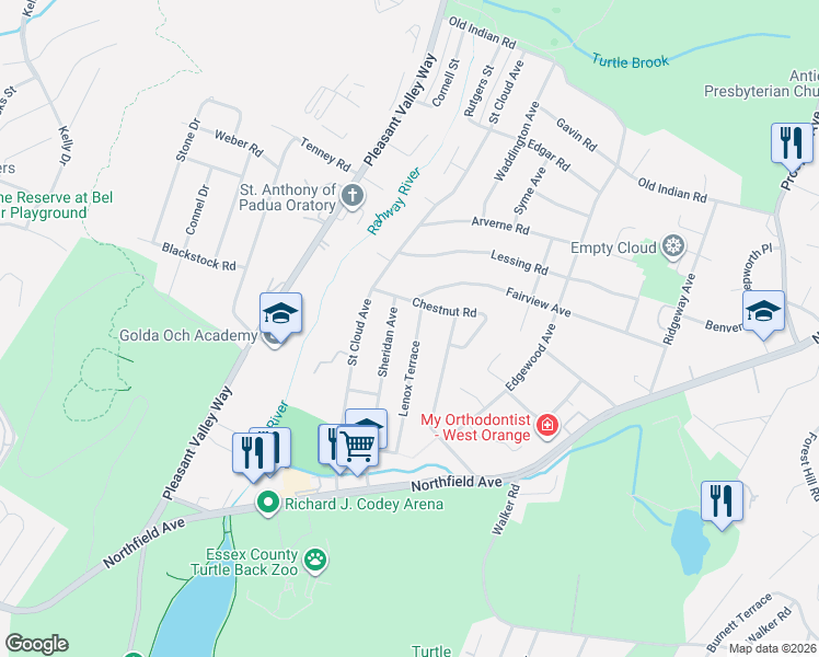 map of restaurants, bars, coffee shops, grocery stores, and more near 18 Lenox Terrace in West Orange