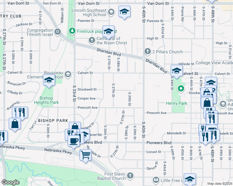 map of restaurants, bars, coffee shops, grocery stores, and more near 3835 South 37th Street in Lincoln