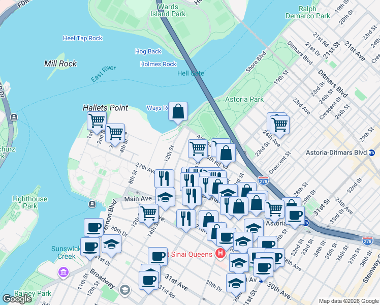 map of restaurants, bars, coffee shops, grocery stores, and more near 25-54 14th Place in Queens