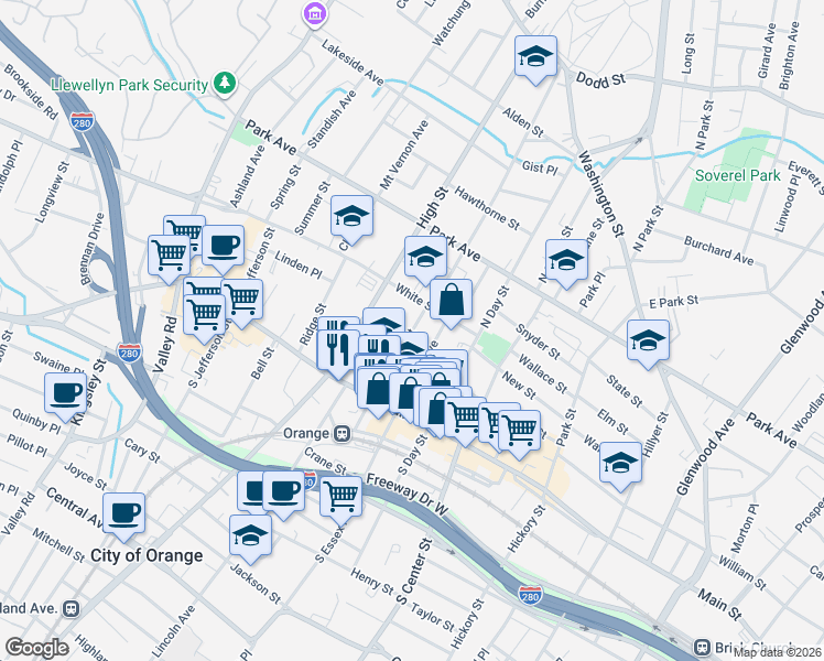 map of restaurants, bars, coffee shops, grocery stores, and more near 62 Cleveland Street in City of Orange